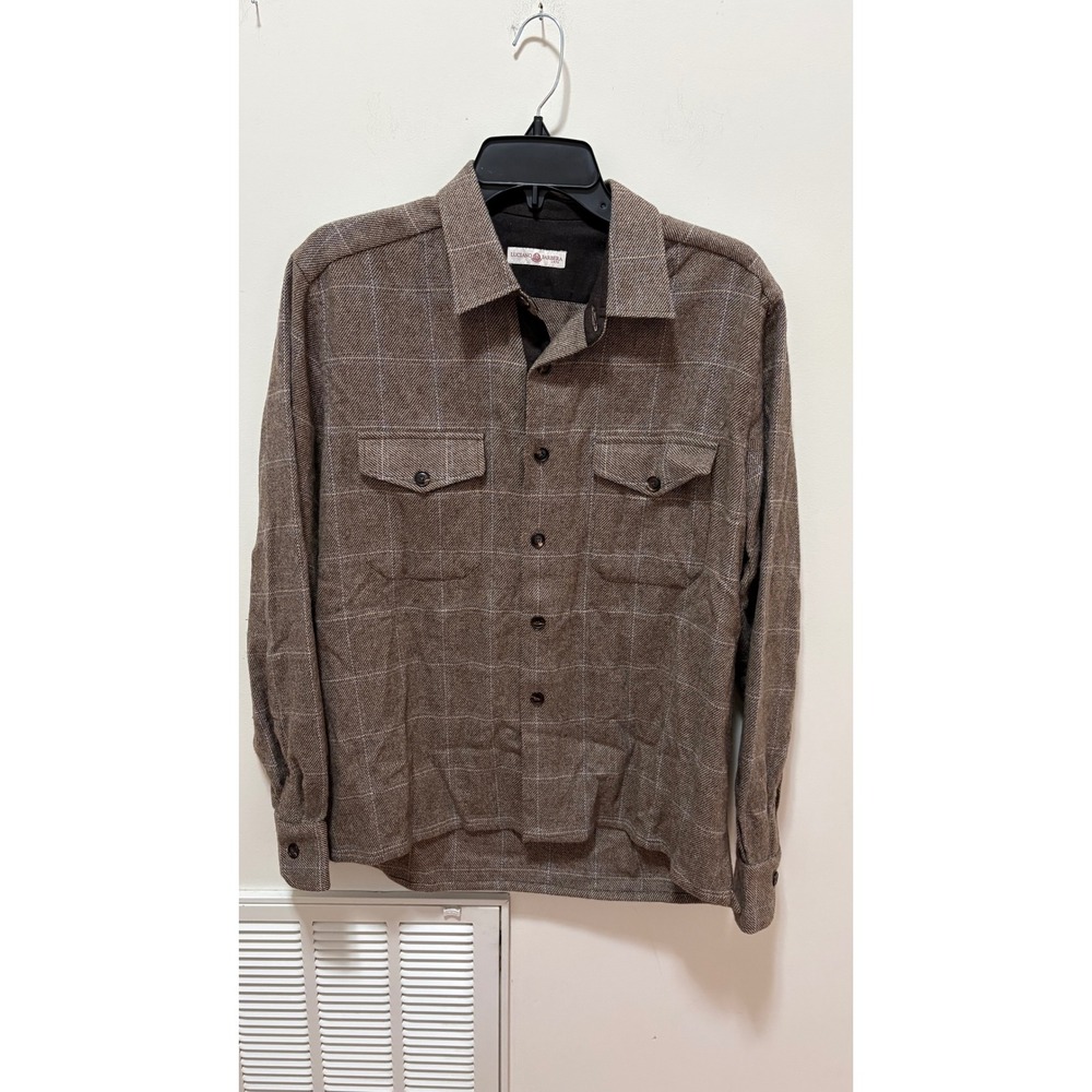 Luciano Barbera Plaid wool Flannel Button Up Shirt Mens Brown M Wool Blend